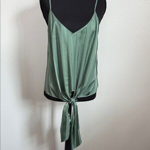 This Lush Parina Tie Front Satin look Blouse is in a sage green color.